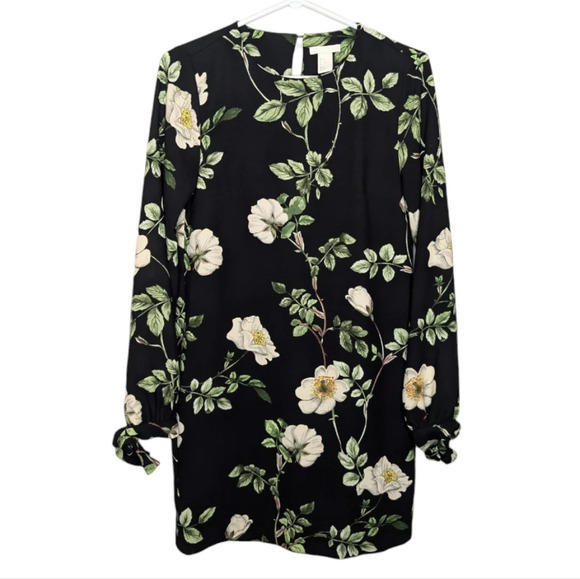 H&M Black Floral Print Long Sleeve Shift Dress Woman Size 2 - Picture 1 of 12